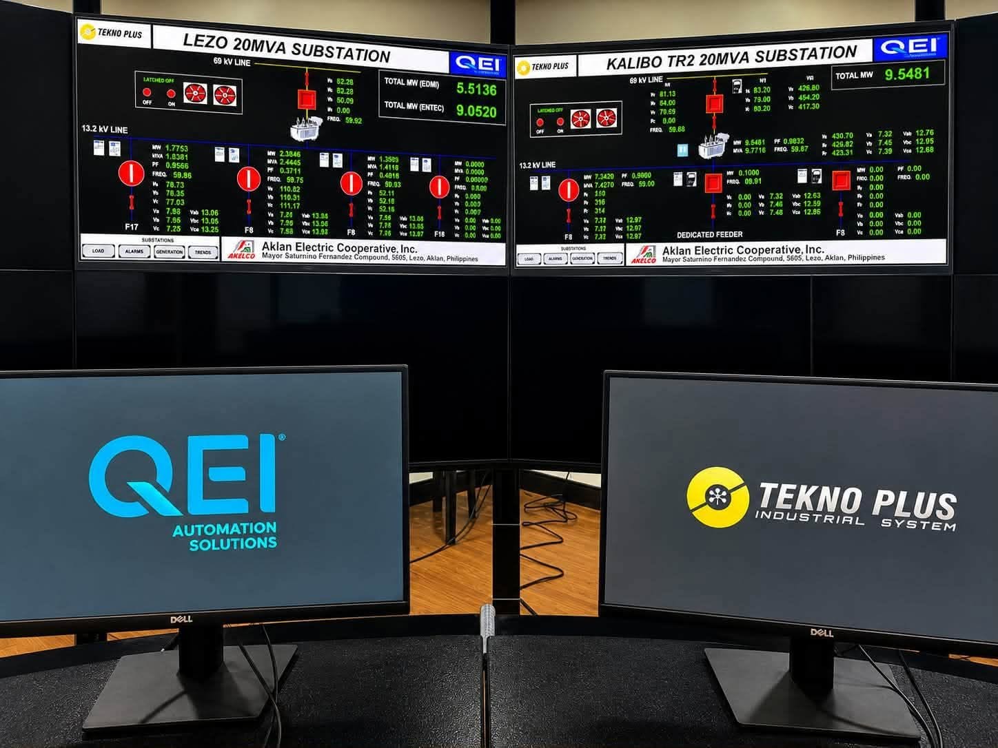 QEI and Teknoplus SCADA demo with AKELCO substation dashboards on display monitors